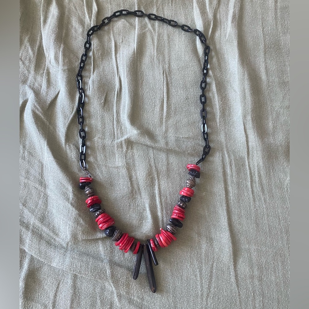 Handmade black and red beaded chain necklace